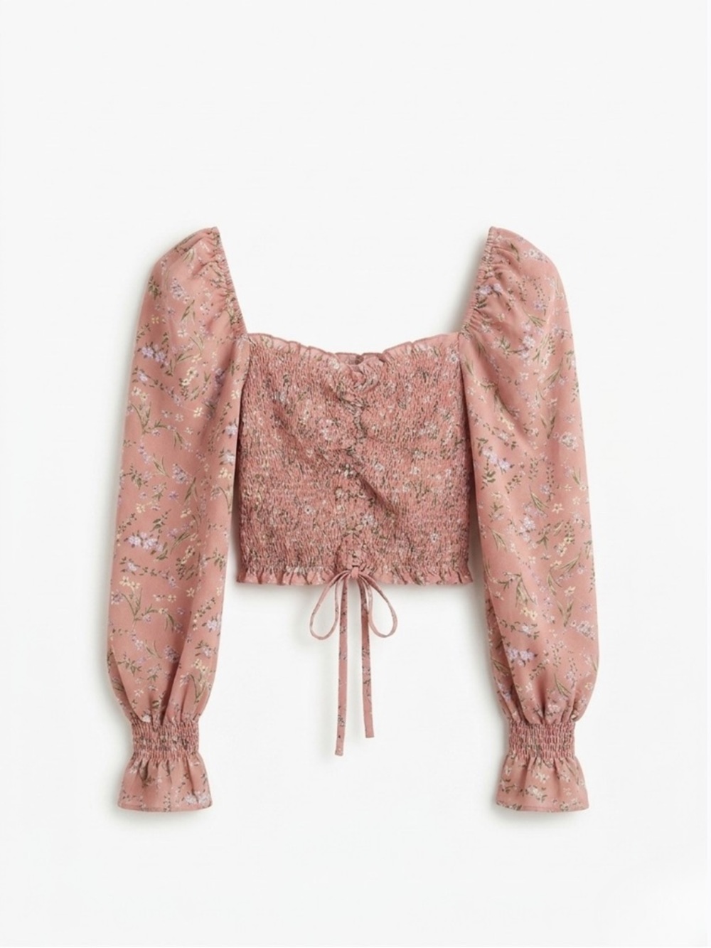 Blush BJ Dusty Rose Floral Smocked Puff Sleeve Crop Top Square Neck Small